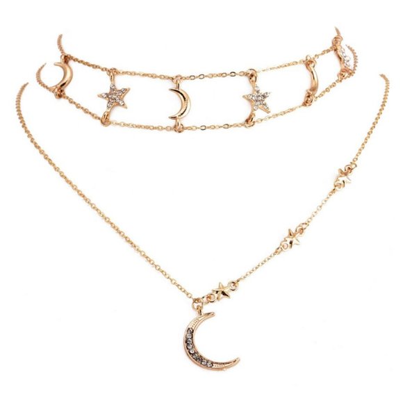 Gold Crescent Moon Star Choker Necklace - Picture 5 of 7